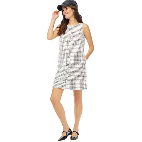 NWT J.Crew Sleeveless Tweed Shift Dress Size 12P Button-Front Black White Boucle - Picture 1 of 16